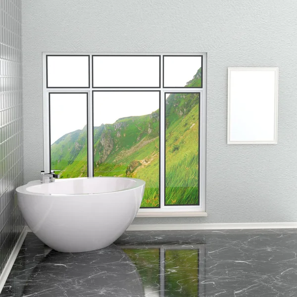 Luxuriöses weißes modernes Badezimmer im Badezimmer mit Fliesen, Marmor, großes Fenster. Badezimmer mit Landschaft. 3D-Darstellung — Stockfoto