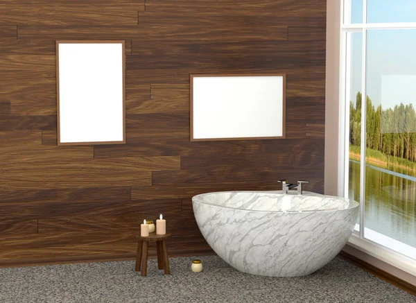 Luxuriöses weißes modernes Badezimmer im Badezimmer mit Fliesen, Marmor, großes Fenster. Badezimmer mit Landschaft. 3D-Darstellung — Stockfoto