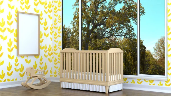 Children's room with landscape, rocking horse and cot. 3D rendering — Stock Photo, Image