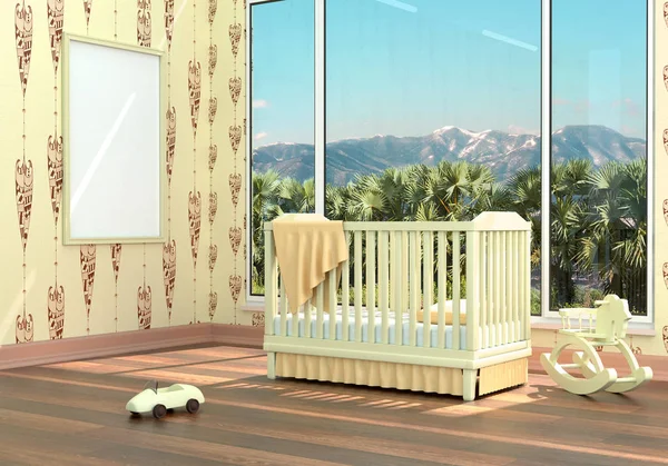 Gyermek hálószoba gyermekágy. 3D-s illusztráció. Render-gyermek szoba egy ággyal és egy táj — Stock Fotó