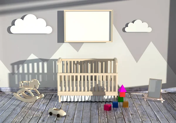 Illustration 3D d'une chambre d'enfant avec un lit bébé et des jouets. Maquette de la chambre des enfants . — Photo