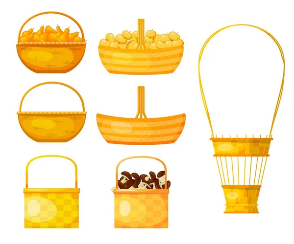 Conjunto de cestas amarelas de galho de salgueiro sobre fundo branco. Cestas com peras, maçãs e cogumelos. Ilustração vetorial —  Vetores de Stock