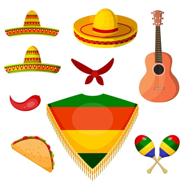 Ensemble d'objets dans le style national d'un musicien mexicain. Illustration vectorielle — Image vectorielle