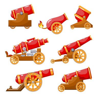 Set Vintage gun. Color image of medieval cannon firing on a whit clipart