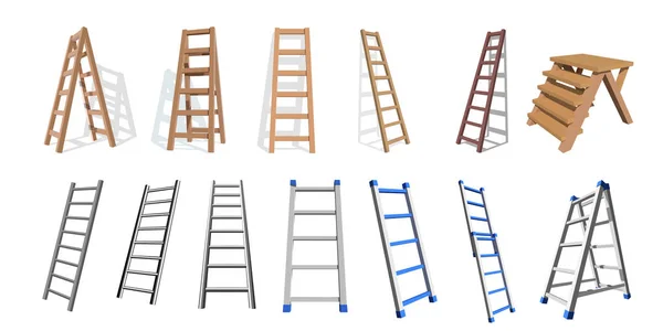 Σύνολο ξύλινα και μεταλλικά σκαλοπάτια. Ξύλινα, μεταλλικά σκάλα σε λευκό φόντο. Εικονογράφηση διανυσματικά σκάλες — Διανυσματικό Αρχείο