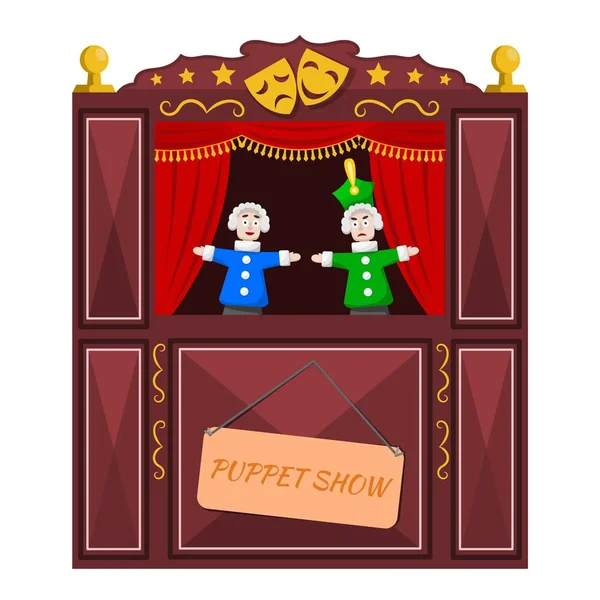 Bright een Poppentheater op een witte achtergrond. Vectorillustratie van een Poppentheater met open scènes en poppen. Cartoon stijl. Voorraad vector — Stockvector