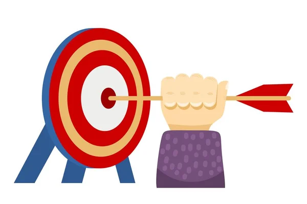 Kleurrijke illustratie van een target, pijlen en een mannenhand op een witte achtergrond. Het concept van succes en overwinning. Vectorillustratie — Stockvector