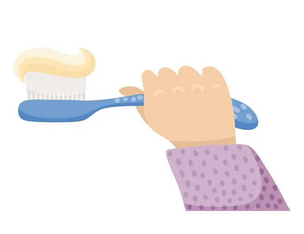 Farbbild einer männlichen Hand mit Zahnbürste und Zahnpasta auf weißem Hintergrund. Vektor-Illustration einer Morgen- und Abendhygiene. — Stockvektor