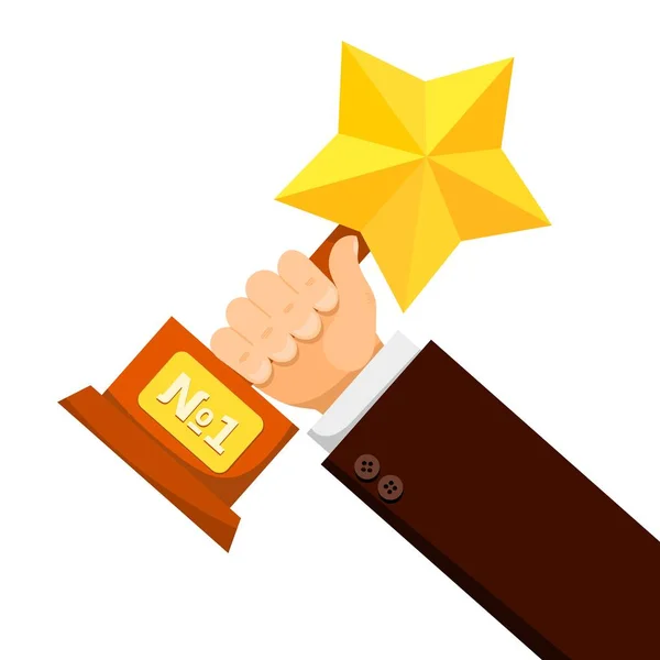 Ilustração colorida de uma mão com uma estrela dourada. O conceito de vitória e ganhos. Ilustração vetorial — Vetor de Stock