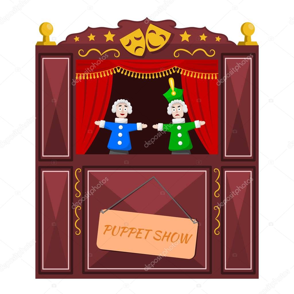 Bright a puppet theater on a white background. Vector illustration of a puppet theater with open scenes and dolls. Cartoon style. Stock vector