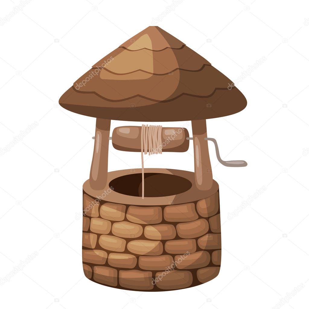 Color image of a simple well with a roof on a white background i