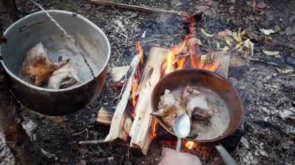 Frango frito em óleo quente e fervendo em panela ao ar livre. Gemidos de aves selvagens — Vídeo de Stock