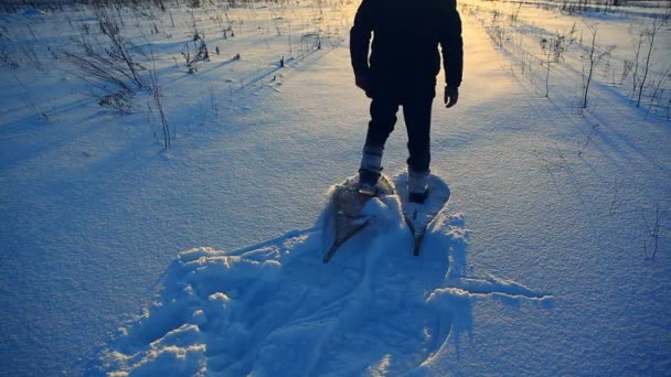 Joven Haciendo Con Raquetas Nieve Naturaleza Invernal — Vídeos de Stock