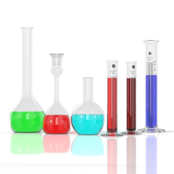 3d 渲染图。实验室玻璃器皿蒙山颜色液体和白色背景上的实验室显微镜 — 图库照片