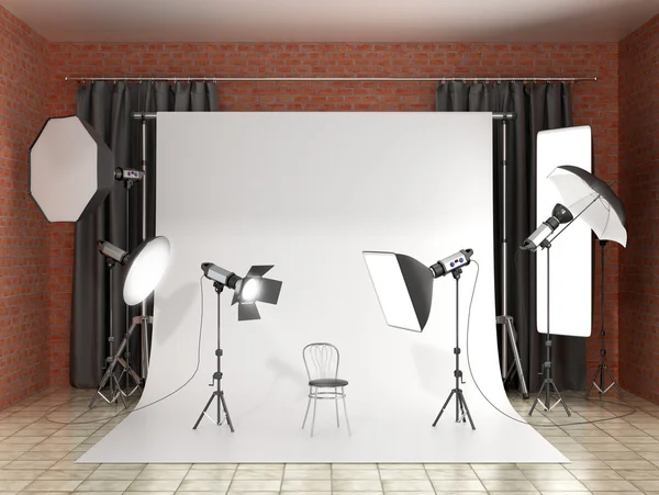 Instalación de iluminación en el estudio fotográfico. Foto estudio equipar —  Fotos de Stock