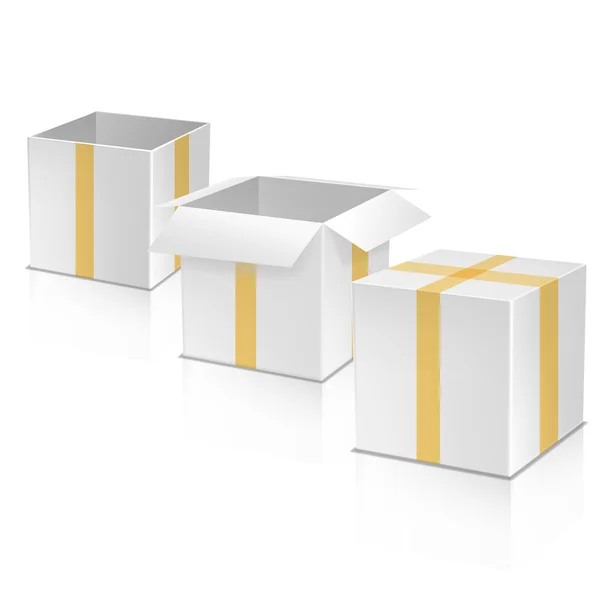 Sbírka různých lepenkových krabic na bílém pozadí — Stockový vektor