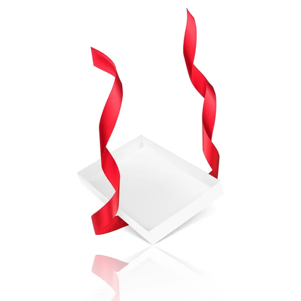 Empty gift box with red ribbon falling on an isolated white back — Stock Vector