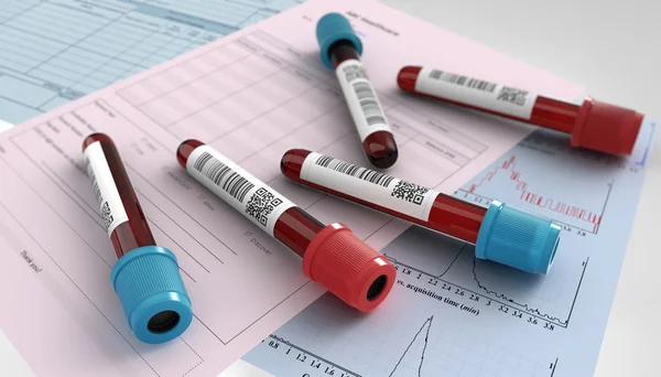 3D render illustration blood test tube and request form for anal — Stock Photo, Image