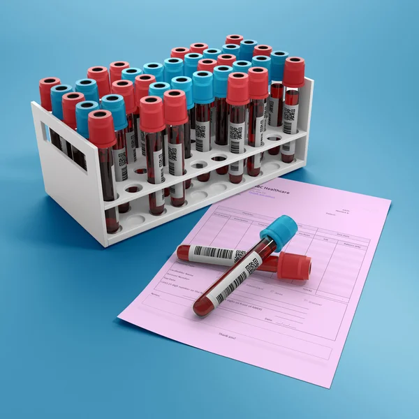 Tubo de análisis de sangre de ilustración 3D y formulario de solicitud para anal — Foto de Stock
