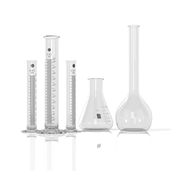 Illustrazione di rendering 3D. bicchieri da laboratorio vuoti su bac bianco — Foto Stock