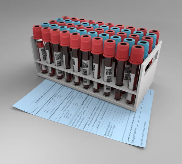 3D rendere illustrazione della provetta di sangue e modulo di richiesta per anale — Foto Stock