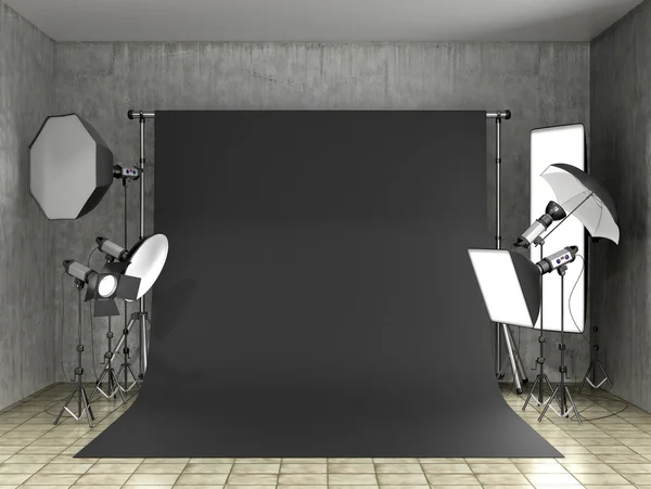 Instalação de iluminação no estúdio de fotografia. Estúdio de fotografia equipar — Fotografia de Stock