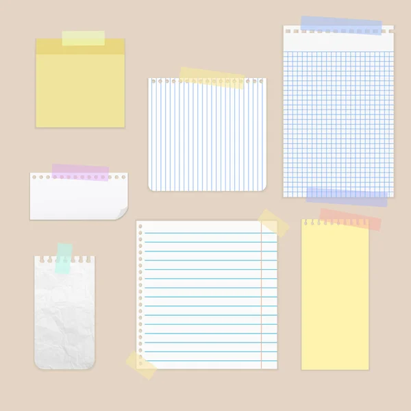 Pieces of cut out white lined notebook paper are stuck on backgr — Stock Vector