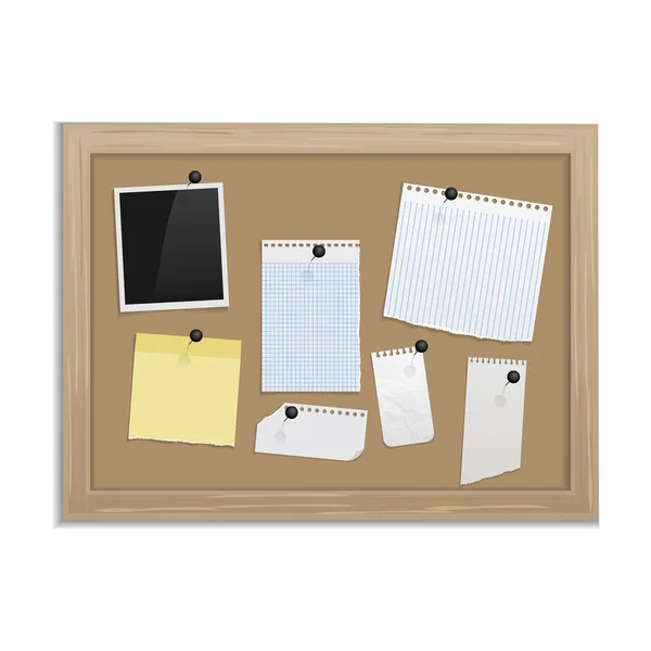 Cork board with pinned paper notepad sheets realistic vector ill — Stock Vector