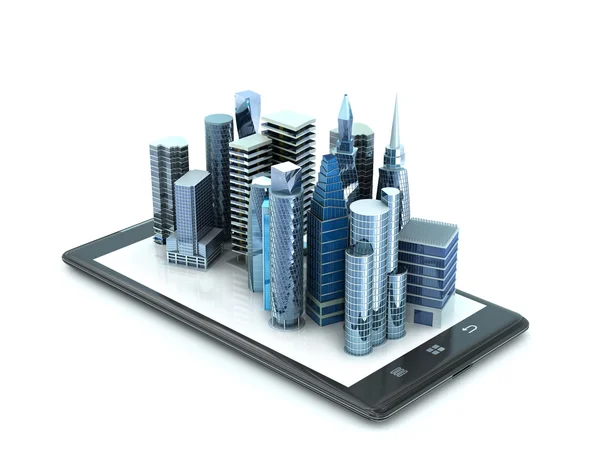 Κτίρια της πόλης στο smartphone. 3D απεικόνιση — Φωτογραφία Αρχείου