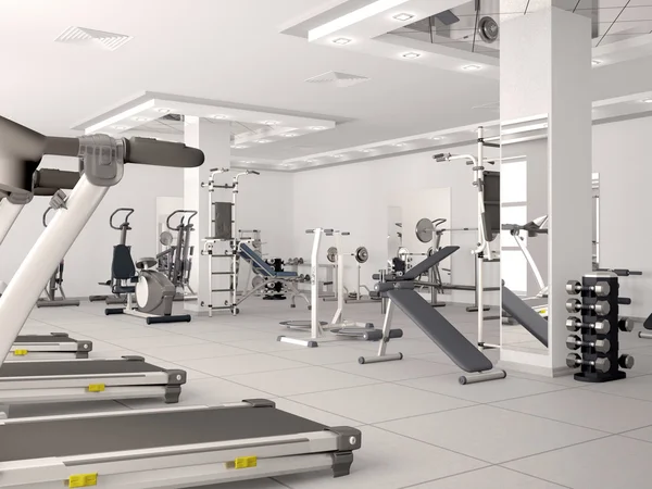 Interior de nuevo gimnasio moderno con equipo. ilustración 3d — Foto de Stock