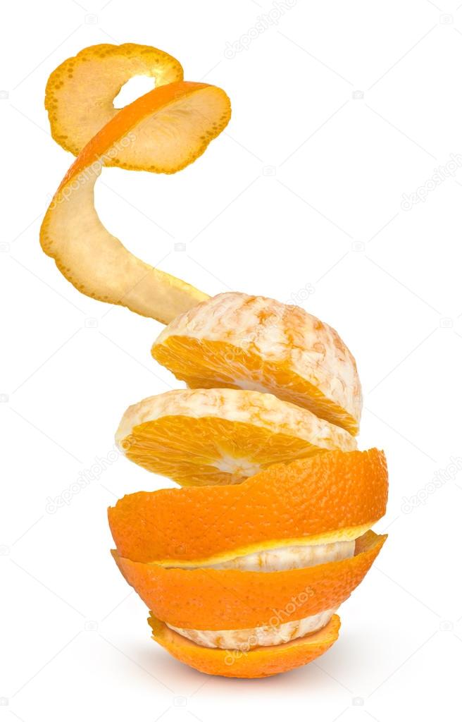 Orange posed on a orange peel against white background