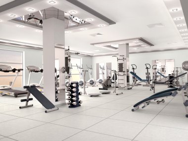 yeni modern bir spor salonu ekipman ile iç. 3D çizim