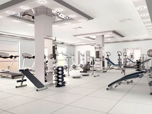 Interieur van de nieuwe moderne fitnessruimte met apparatuur. 3D illustratie — Stockfoto