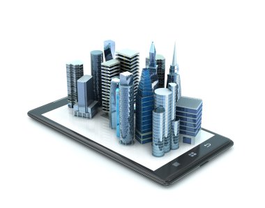 Şehir binaları smartphone cep telefonu ile. 3D çizim