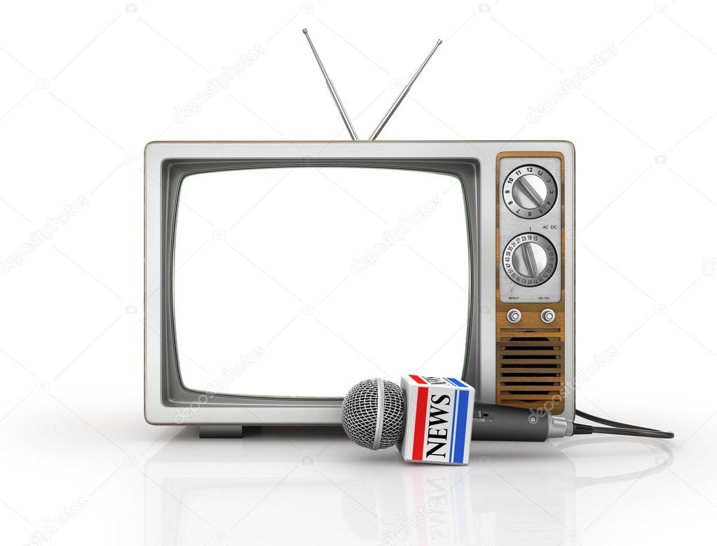 Tv news or reportage concept. Microphone due to old TV on a whit