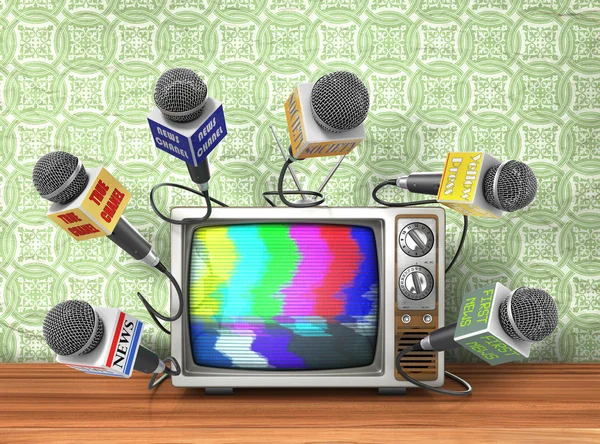 Notícias de TV ou conceito de reportagem. Muitos microfones de differen — Fotografia de Stock