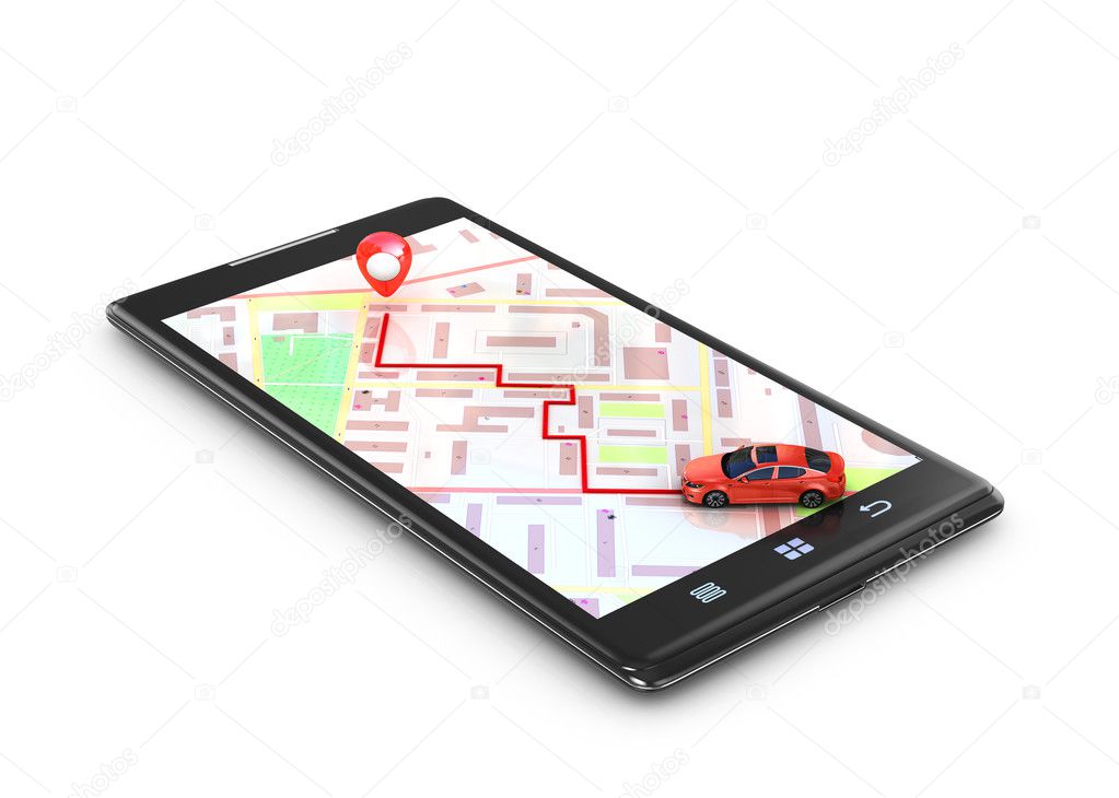 Red car on a mobile phone with a map and a GPS system. 3D illust