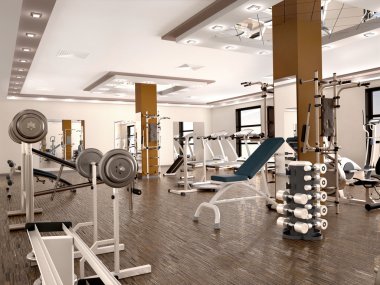 yeni modern bir spor salonu ekipman ile iç. 3D çizim