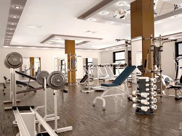 内政部的新现代健身房/健身设施与设备。3d 图 — 图库照片