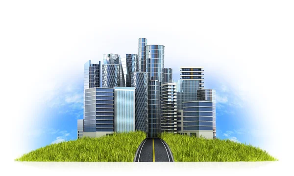 Afbeelding van een moderne stad, omgeven door natuur landschap. 3D illust — Stockfoto
