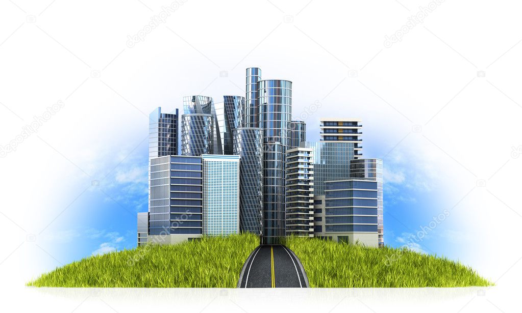Image of a modern city surrounded by nature landscape. 3d illust