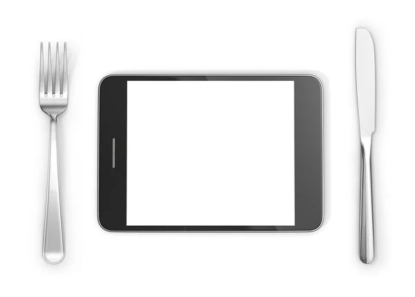 Coltello, forchetta vicino tablet PC su sfondo bianco. Illustrazione 3d — Foto Stock