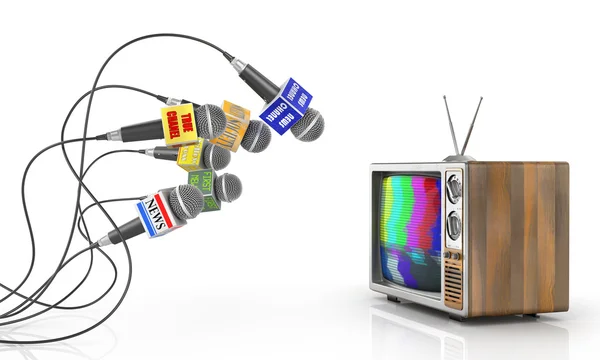 Concepto de noticias o reportajes de televisión. Muchos micrófonos de diferentes — Foto de Stock