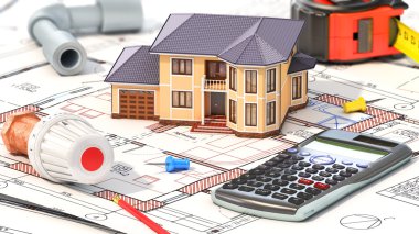 İnşaat kavramı. House için Isıtma projesi. P ile ev