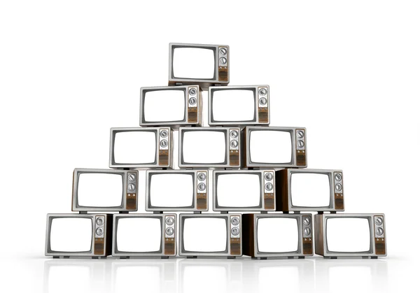 Куча винтажного телевизора на белом фоне. 3d иллюстрация — стоковое фото