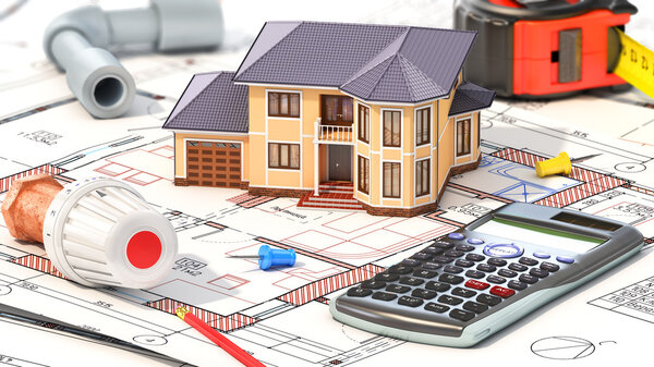 Construction concept. Project of heating for house. House with p