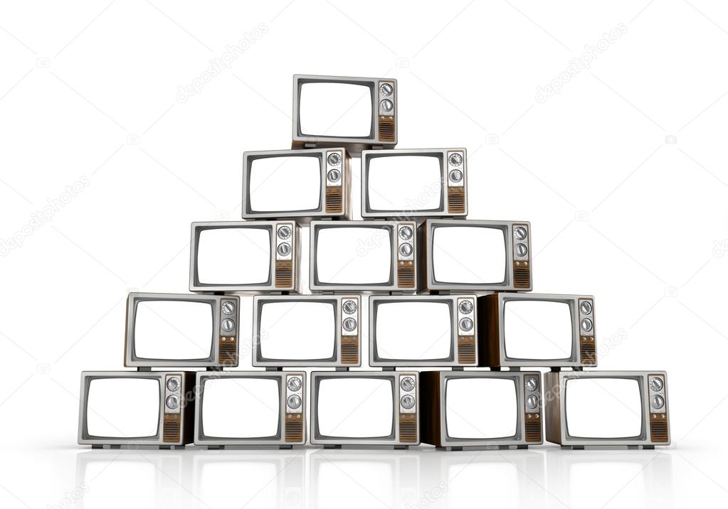 Heap of vintage tv on white background. 3d illustration