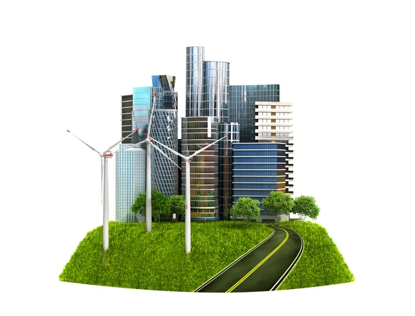 Concepto de ecología. La imagen de una ciudad moderna rodeada por la na — Foto de Stock