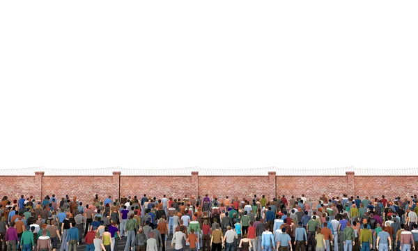 Refugee concept. Crowd of people in front of fence with barbed w — Stock Photo, Image