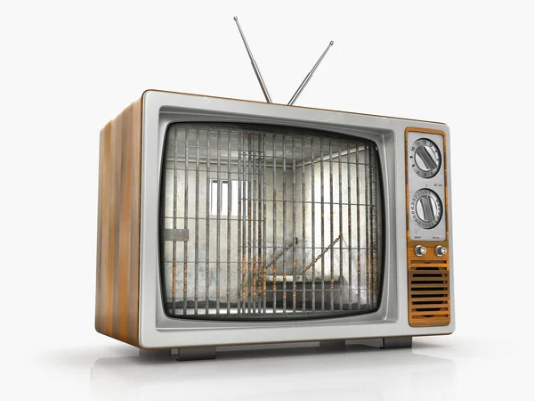 La televisión como prisión. Antigua celda de la prisión en la pantalla de la vieja televisión. Dependencia — Foto de Stock